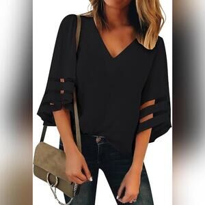 NWOT Women's V Neck 3/4 Bell Sleeve Mesh Panel Loose Top Blouse, XL